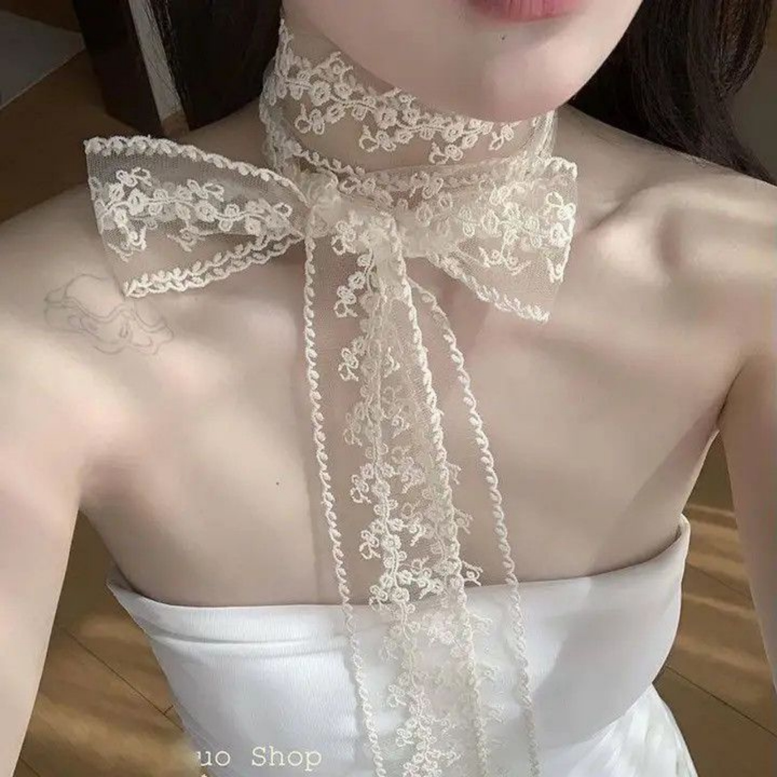 Korean Ins White Lace Ribbon S - Ascot Neck Scarf recension och pris